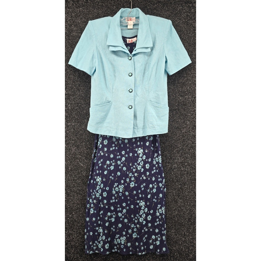 Vtg R&K Original Women Sz 8 Shift Dress Maxi w/Linen Jacket Navy Aqua Floral 90s